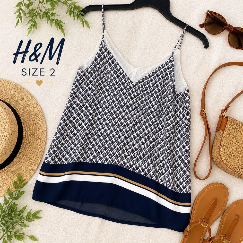 H&M Geometric Print Cami Tank Top Navy White Size 2 Flowy Lightweight